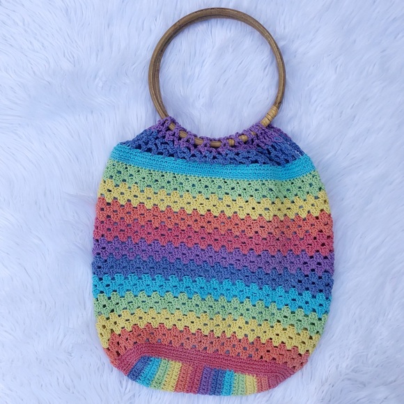 Vintage Handbags - Vintage Knitted Crochet Rainbow Handbag Bag